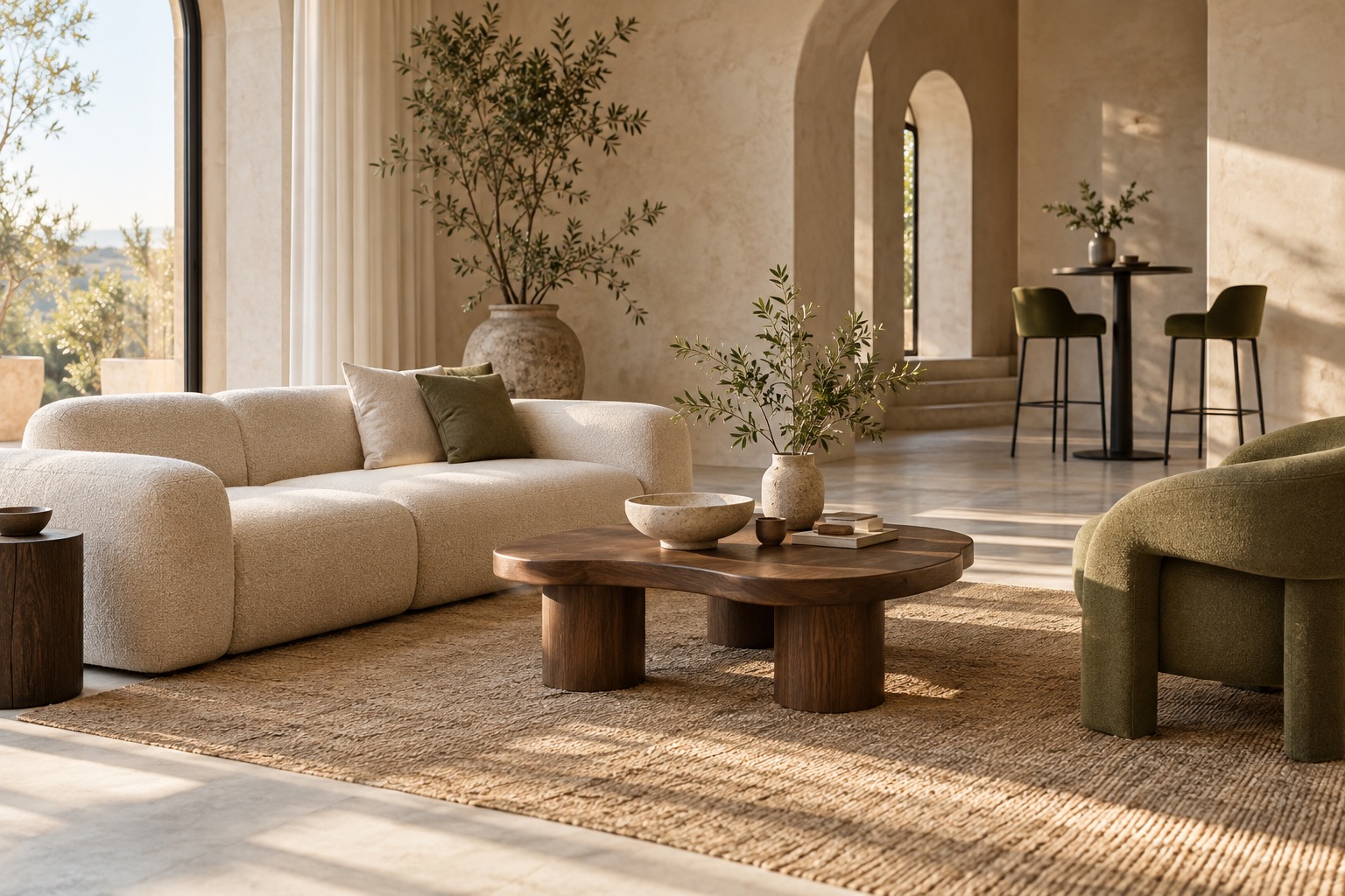 Illustrasjon av et lyst loungemiljø med sofa, lenestol og dekor